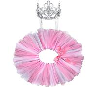 2 Pcs Dog Crown Headband Dog Tutu Dress Set Crystal Rhinestone Tiara Crown Tutu Skirt Pet Dress Costume for Puppy Birthday Party Wedding Photo Prop Costume(X-Large,Rose Red, White)