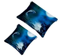 2 PCS Dolphin Under Moonlight Pocket Cosmetic Bag, Self-Closing Shrapnel Makeup Pouch, Portable No Zipper Mini Travel Make Up Bag for Headphones Coin Lipstick Cosmetics Earphones Jewelry Organizer