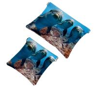 2 PCS Dolphin While Looking at You from Ocean Pocket Cosmetic Bag, Self-Closing Shrapnel Makeup Pouch, Portable No Zipper Mini Travel Make Up Bag for Coin Lipstick Earphones Jewelry Organizer