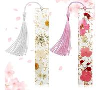 2 Pcs Dried Flower Bookmark with Tassel, Clear Resin Floral Bookmarks Handmade Cute Book Mark Pretty Gift for Reader Teacher Student Gift (Pink+White)