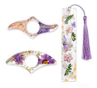 2 Pcs Dried Flower Resin Thumb Book Page Holder and 1 Pc Bookmark with Tassel, Transparent Book Accessories for Reading Lovers, Bookish Gifts for Bookworms, Readers, Teachers, Students (Purple)