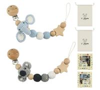 2 Pcs Dummy Clip, Wooden Pacifier Clip, Crochet Soother Clips BPA Free with Storage Bag Keep Pacifier Clean for Infants Versatile Holder for Boys & Girls (Elephant + Koala)