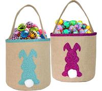 2 PCS Easter Bunny Basket Bags, Canvas Bunny Easter Basket Egg Hand Bags with Fluffy Tails for Kids Easter Eggs Hunt, Easter Basket Stuffers, Easter Event, Easter Theme Party Favor