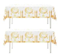 2 Pcs Eid Ramadan Table Cloth, 137*274cm Large Ramadan Mubarak Decorations TableCloths, Moon&Star Tablecover Disposable Waterproof Plastic Tablecloth for Eid Umrah Mubarak Islam Muslim (White A)