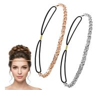 2 PCS Elastic Sparkly Headpiece for Women, Metal Rhinestone Gold Silver Headband, Retro Elastic 70s Headbands for Women, Bling Hair Jewelry for Wedding Partie Prom(Gold, Silver)