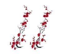 2 Pcs Embroidery Cherry Blossom Iron On Patches Embroidered Plum Blossom Applique Patches Large Flower Branch Sew On Patches Embroidery Flower Vines Appliques Embellishments for Garment Shirts Red