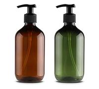2 Pcs Empty Press Pump Bottles, 500ML/17oz Refillable Bottle for Cooking Sauces, Plastic Liquid Soap Dispenser Refillable Container for Essential Oils, Lotions, Shampoo, Conditioner (Brown Green)