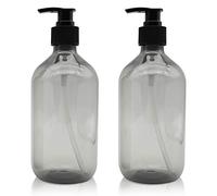 2 Pcs Empty Press Pump Bottles, 500ML/17oz Refillable Bottle for Cooking Sauces, Plastic Liquid Soap Dispenser Refillable Container for Essential Oils, Lotions, Shampoo, Conditioner (Grey)