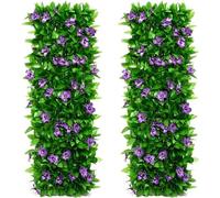 2 Pcs Expanding Garden Trellis Panels - Telescopic Outdoor Fence Coverings with Artificial Ivy & Violet Flowers - Decorative Faux Ivy Leaf for Garden Landscaping