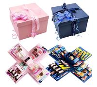 2 PCS Explosion Box, 5 Layer Explosion Gift Boxes, DIY Surprise Box with Tape and Bow Ribbon, Christmas Explosion Boxes for Anniversary Festival Record Memories (Blue + Pink)
