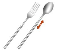 2 Pcs Extendable Fork Spoon Set, Stainless Steel Telescopic Fork Spoon, Extends to 25.3 in Expandable Long Forks Camping Flatware for BBQ Dinner Fruit Dessert