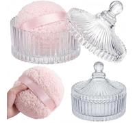 2 Pcs Extra Large Dusting Powder Puff and Container for Women 6.2 Inch Glass Crystal Dusting Powder Container with Body Soft Washable Reusable Velour Face (Extra Large Pink)