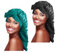 2 Pcs Extra Long Bonnet Silk Sleep Cap, Silk Hair Bonnet Shower Cap Adjustable Satin Sleep Cap Satin Bonnet for Women Girls Black Curly Hair(Black+Green)