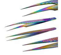 2-PCs Eyelash Tweezers Set with Fiber Tip - Lash Tweezers for Extensions, Straight, Curved, Individual, Russian Volume, Isolation - Stainless Steel Rainbow (2-PCs Straight)