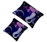 2 PCS Fantasy Beautiful Mermaid Moon Coloring Pattern Pocket Cosmetic Bag, Self-Closing Shrapnel Makeup Pouch, Portable No Zipper Mini Travel Make Up Bag for Coin Lipstick Earphones Jewelry Organizer