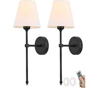 2 PCS Farmhouse Battery Operated Wall Sconces Set of Two Black Remote Wireless Wall Light Vintage Long Arm White Fabric Candle Gold Wall Mounted Lamp for Bedroom Bedside Living Room