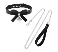 2 Pcs Faux Leather Collar and Leash Wide Bow Choker Collar Metal Chain Leash Bell Choker Necklace Adjustable Punk Style Collars Halloween Gothic Cosplay Accessories for Pet Adults