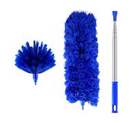 2 Pcs Feather Dusters, Extendable Feather Duster with Stainless Steel Long Extension Pole, Microfiber Domed Corner Cobweb Dusters for Cleaning Spider Webs, Cars, Blinds, Ceilings, Fans - Blue