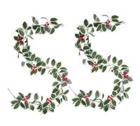 2 Pcs Festive Berry Christmas Garland - 200cm Artificial Pine with Holly Leaves & Red Berries, White-Edged Green Winter Door Decoration, Holiday Greenery for Mantel & Staircase