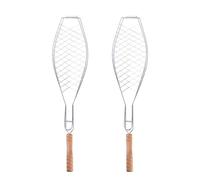 2 Pcs Fish Grill Clip Iron and Wood Non-stick Mesh