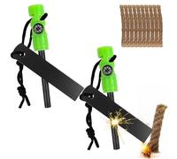 2 Pcs Flint Fire Starter Kit, Survival Fire Steel Premium Ferro Rod with 10 Pcs Fire Starter Hemp Rope, Including Whistle, Compass, Scraper with Scale for Camping Hiking Outdoor(green)