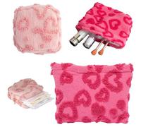 2 PCS Fluffy Heart Makeup Bag Cute Plush Coin Wallet Fashion Cosmetic Organizer Pouch with Zipper Portable Travel Make up Toiletry for Women Girls Valentine's Day Mother's Day, Birthday（Large + Small）