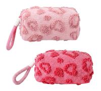 2 PCS Fluffy Heart Makeup Bag Fashion Cosmetic Organizer Pouch with Zipper Portable Travel Make up Toiletry Cute Plush Coin Wallet for Women Girls Valentine's Day Mother's Day Birthday（Pink,Rose Red）