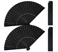 2 Pcs Folding Hand Fan, Black Nylon-Cloth Vintage Retro Fabric Fans Hand Held Fan Chines/Spanish Foldable Fan for Men/Women Wedding Party Favor Performance Dance Home Decorations Festival Gift