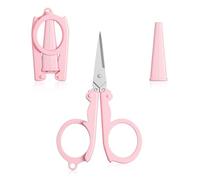 2 Pcs Folding Scissors, Pink Stainless Steel Mini Scissors Small Foldable Pocket Travel Shears for Scrapbooking Embroidery Sewing Crochet Yarn Crafts (Cute Design with Safety Cap)