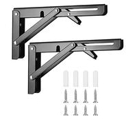 2 Pcs Folding Shelf Brackets, Heavy Duty Collapsible Shelf Bracket Wall Mounted, Metal Foldable L Right Angle Shelves Supporter Triangle Brackets for Bench Table Shelf, Black