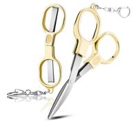 2 Pcs Folding Stainless Steel Portable Mini Small Travel Scissors, Safety Foldable Pocket Badge Nursing Scissors with 2 Keychain for Travel, Home, Office, Craft, Sewing (Gold)