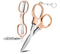2 Pcs Folding Stainless Steel Portable Mini Small Travel Scissors, Safety Foldable Pocket Badge Nursing Scissors with 2 Keychain for Travel, Home, Office, Craft, Sewing (Rose Gold)
