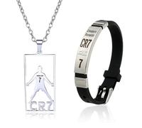2 PCS Football Stuff, Stuff for Boys, Cr7 Football Star Bracelet, Use for the Best Gift for Boys Who Love Football(Silver Bracelet + Necklace)