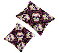 2 PCS Foral Mexican Sugar Skulls Pocket Cosmetic Bag, Self-Closing Shrapnel Makeup Pouch, Portable No Zipper Mini Travel Make Up Bag for Headphones Coin Lipstick Cosmetics Earphones Jewelry Organizer