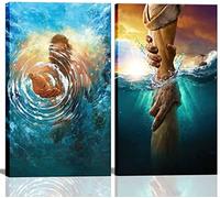 2 Pcs Framed Jesus wall art The Hand of God Jesus Reaching Into Water Christ Religion Canvas Wall Decor Blue Ocean Bible Pictures Posters Prints Paintings for Living Room Bedroom Church Decorations