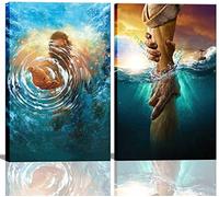 2 Pcs Framed Jesus wall art The Hand of God Jesus Reaching Into Water Christ Religion Canvas Wall Decor Blue Ocean Bible Pictures Posters Prints Paintings for Living Room Bedroom Church Decorations