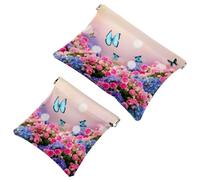 2 PCS Fresh Pink Roses Blue Hortenzia Flowers Butterflies Pocket Cosmetic Bag, Self-Closing Shrapnel Makeup Pouch, Portable Mini Travel Make Up Bag for Coin Lipstick Earphones Jewelry Organizer