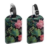 2 Pcs Frog on Lotus Pond PU Leather Luggage Tags Travel Suitcase Labels with Adjustable Strap Privacy Protection Cover for Preventing Loss of Baggage