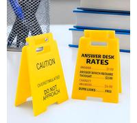 2 Pcs Funny Desk Signs, Caution Overstimulated Desk Sign & Answer Desk Rates Sign, Plastic Mini Office Signs for Desk Decor Stress Relief Office Accessories, Humorous Gift for Coworkers Boss (Yellow)