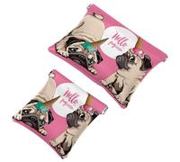 2 PCS Funny Hello Pugicorn Cute Puppy Pocket Cosmetic Bag, Self-Closing Shrapnel Makeup Pouch, Portable No Zipper Mini Travel Make Up Bag for Coin Lipstick Cosmetics Earphones Jewelry Organizer
