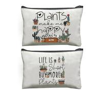 2 Pcs Funny Plants Pattern Storage Bag,Plants Make Me Happy Portable Cosmetic Bag, Zipper Durable Toiletry Bag, Travel Lightweight Makeup Bag, Gifts for Plants Enthusiasts, White