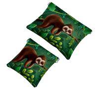 2 PCS Funny Sloth Sleeping on Forest Jungle Pocket Cosmetic Bag, Self-Closing Shrapnel Makeup Pouch, Portable No Zipper Mini Travel Make Up Bag for Coin Lipstick Cosmetics Earphones Jewelry Organizer