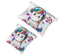 2 PCS Funny Unicorn Cow I Love Music Pocket Cosmetic Bag, Self-Closing Shrapnel Makeup Pouch, Portable No Zipper Mini Travel Make Up Bag for Coin Lipstick Cosmetics Earphones Jewelry Organizer