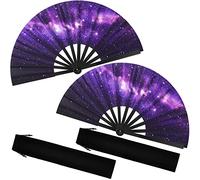 2 Pcs Galaxy Satin Rave Folding Hand Fan Chinese Japanese Large Handheld Fan Plastic Ribs Decorative Folding Fans with Fabric Case for Women Men Gifts, Dance Festival Party Performance Decorations