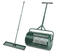 2 PCS Garden Care Set - 24" Compost Spreader & 35"x10" Lawn Leveling Rake Metal Mesh Push Spreader with T-Handle Perfect for Lawn & Garden Maintenance