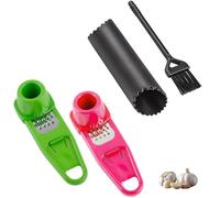 2 PCS Garlic Grinder Manual, Compact Garlic Press Rocker with Cleaning Brush and Silicone Peeler, Press, Grind and Mash 3-in-1 Suitable for Home Chefs and Food Lovers(Green/Red)