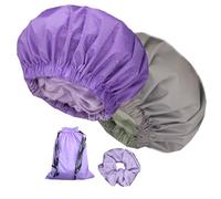 2 Pcs Genergy Shower Cap for Women, Luxury Satin Lined Shower cap Waterproof, Adjustable, Reusable, and Extra Large Design with Double Layers and Reversible Elastic Bath Cap(Purple+ Light grey)