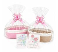 2 Pcs Gift Basket Hamper Kit, 30 x 20 x 12 cm Small Woven Basket, Gift Basket Empty with Handle 2 Cellophane Bags and 2 Pull Bows for Gifts Empty Weddings Parties and Birthdays (Pink & Khaki)