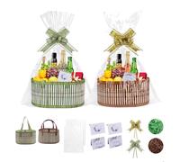 2 Pcs Gift Baskets Empty, Woven Bamboo Baskets, Clear Bags, Bows, Raffia & 4 Greeting Cards, Complete Set to Create for Mother's Day, Wedding, Birthday, Baby Shower, Corporate Gifts (30×12×5 cm)