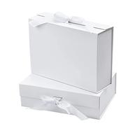 2 PCS Gift Boxes, 26.5 x 18.5 x 8cm Luxury Magnetic Gift Box with Lid, Magnetic Sealing Large Gift Box With Ribbon, Gift Packaging Box for Present Birthday Wedding Valentines Day White